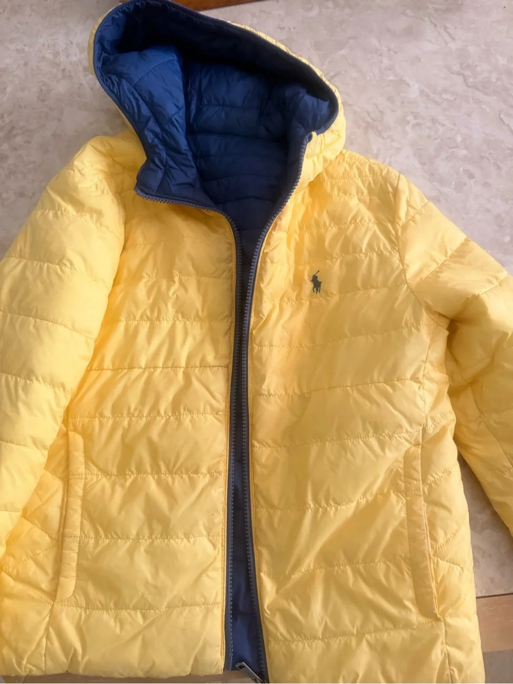 Ralph Lauren Kids Yellow Puffer Jacket with Navy Hood Lining
